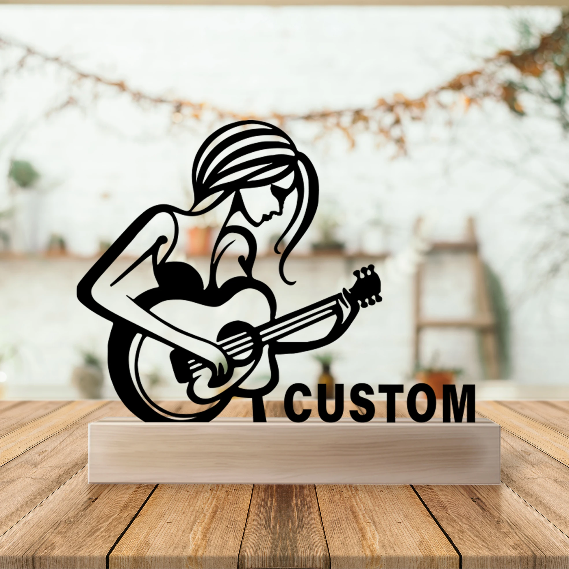 

1 pc hot sale Female guitar singer Custom Name Iron Ornament Metal Sculpture With Wood Base Art Crafts With Wood Base