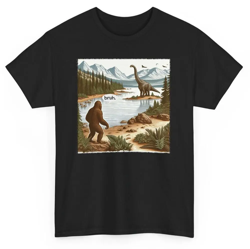 Bigfoot Watching a Dinosaur Funny T-shirt - Sasquatch Introvert Bruh Tee  Tees High Quality 100%Cotton Short Sleeve