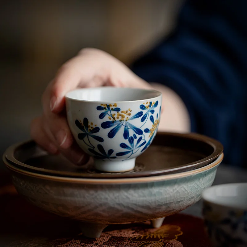 2pc/lot 70ml Pure Hand-painted Osmanthus Tea Cup Blue And White Master Cup Household Ceramic Teacups Kung Fu Tea Set Guest Cup