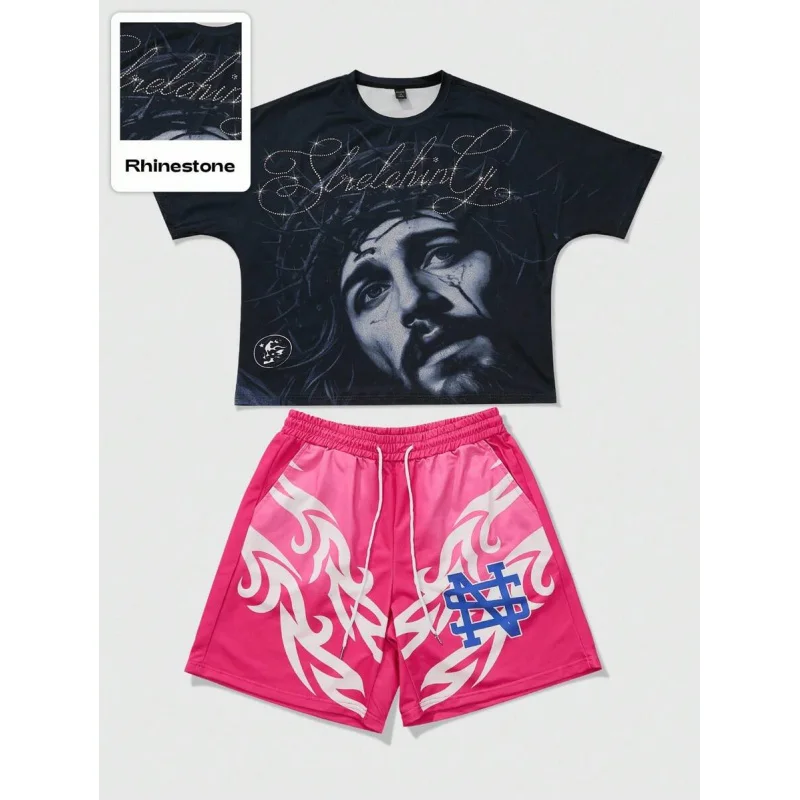 MEN Street Life Men's Street American Jesus Rhinestone Graphic Print Short Sleeve T-Shirt Set Jesus 3D full-body printed design