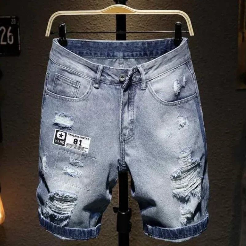 Short Jeans Pants for Men Knee Length Man Denim Shorts Buttons Slim Stretch Long Ripped Half Skinny Stretchable Wih Zipper Thin