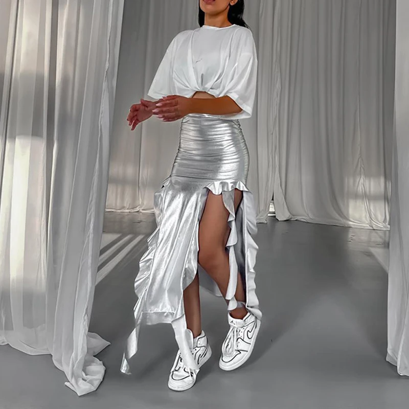 الصيف مثير بولي تنورة تنورة ملابس حريمي الشارع الشهير موضة عادية غير المتماثلة انقسام تنورة ضئيلة حفلة أنيقة عالية الخصر التنانير الإناث