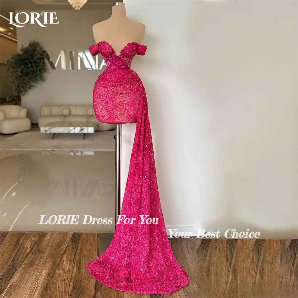 LORIE Glitter Pink Cocktail Party Gowns Off Shoulder Mini Plated Sparkly Evening Dress Backless Pageant Party Gowns Customized