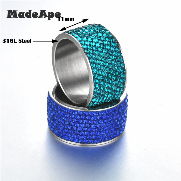 MadApe White Blue Red Green Zircon Wedding Rings For Women Stainless Steel 8 Row Crystal Cubic Zirconia Girl Jewelry