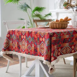 Boho Rectangle Tablecloths Red Badges Pattern Jacquard Table Cloth for Christmas Halloween Dinner Birthday Parties Wedding Decor