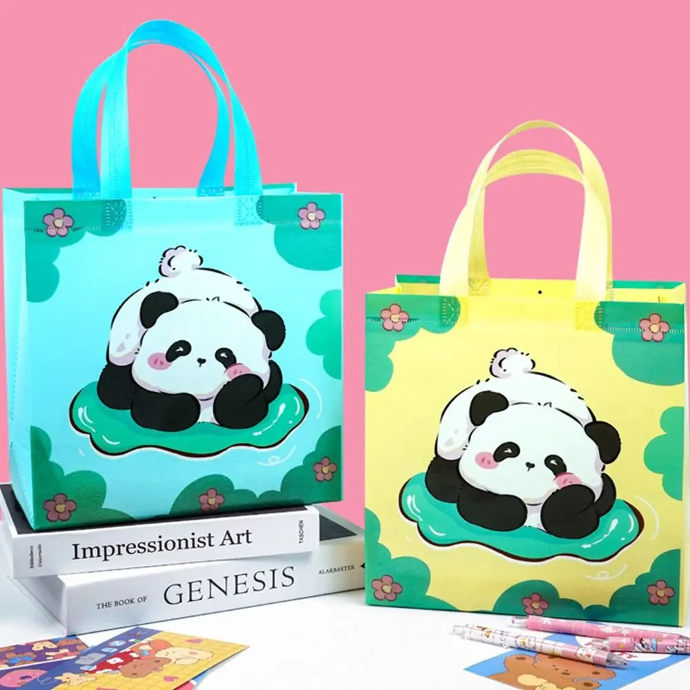 Grande capacidade Cartoon Panda sacola não tecida, Saco de armazenamento colorido com alças, Eco Friendly sacos de compras para meninas