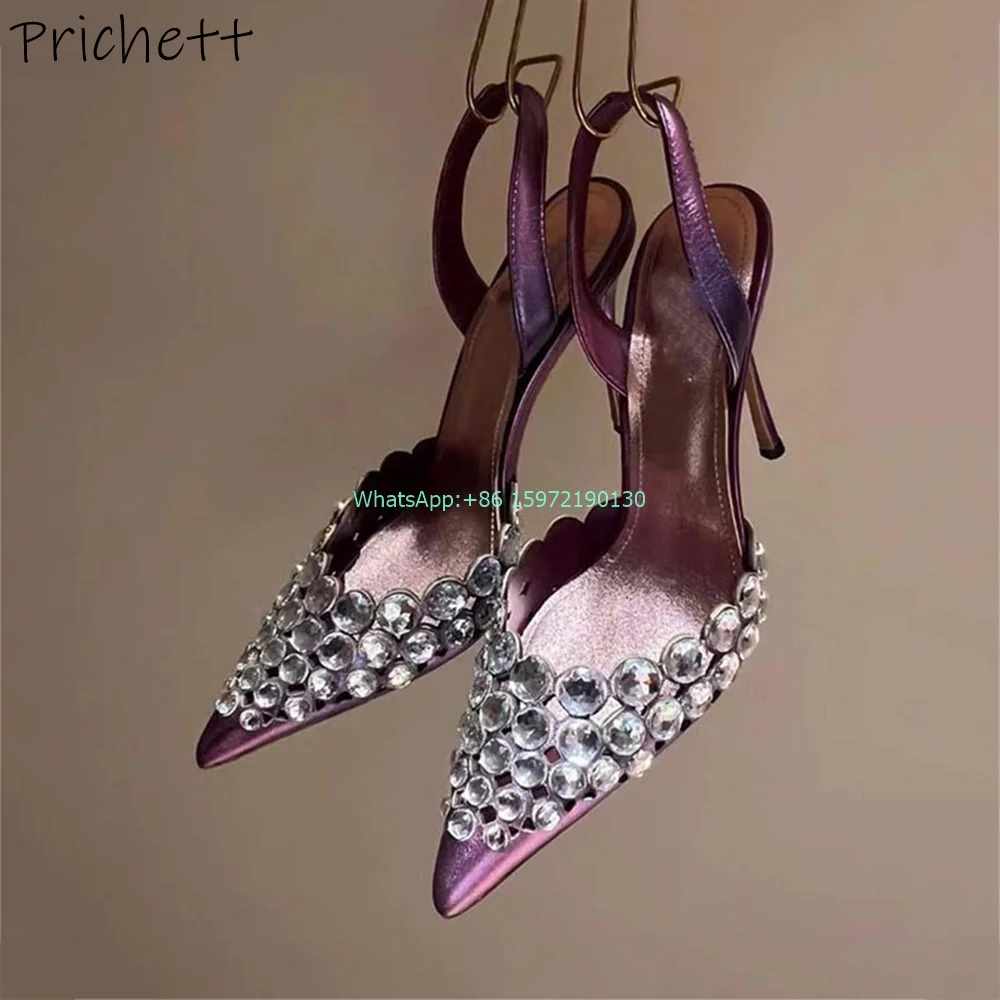 

Rhinestone Hollow Elastic Band Sandals Pointy Toe Thin Heels Slip On Slingback Shiny Crystal Elegant Fashion Party Shoes 2024
