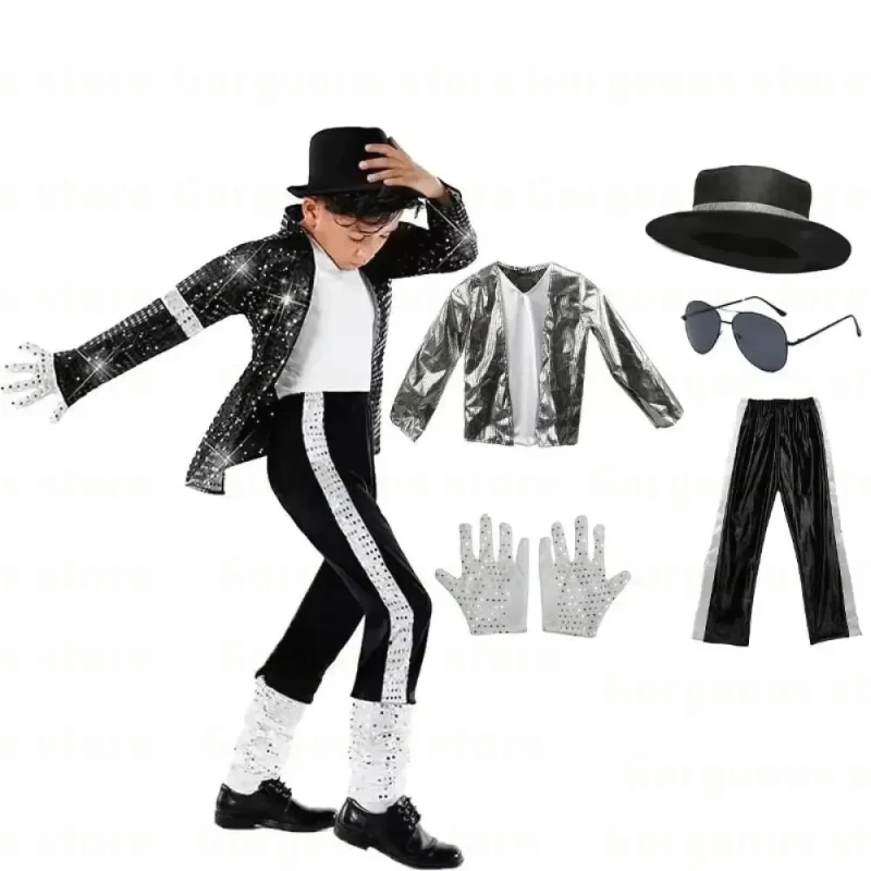 Conjunto de 5 Piezas de Disfraz de Michael Jackson para Niños, Traje Negro de Jean para Cosplay, Baile, Discoteca, Halloween, Disfraz de Rey del Pop de los 80, Pantalones y Camiseta