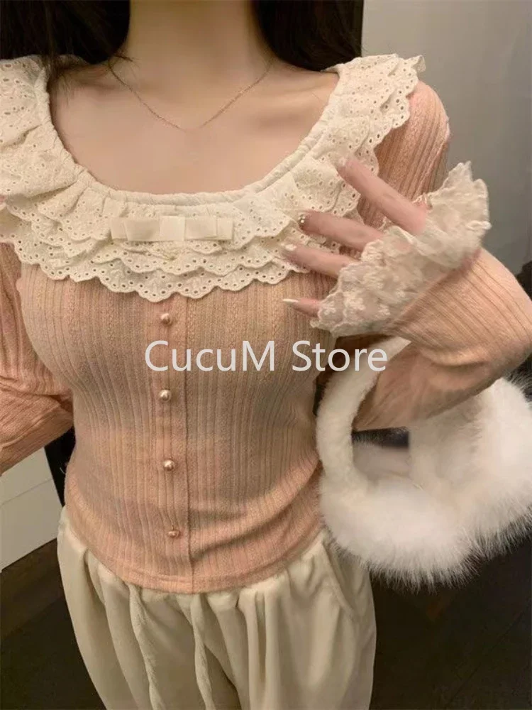 New Japanese Style Kawaii Sweet Tops Spicy Girls Lace Up Long Sleeve Fashion Blouse Woman Aesthetic Cute Korean Style Clothing