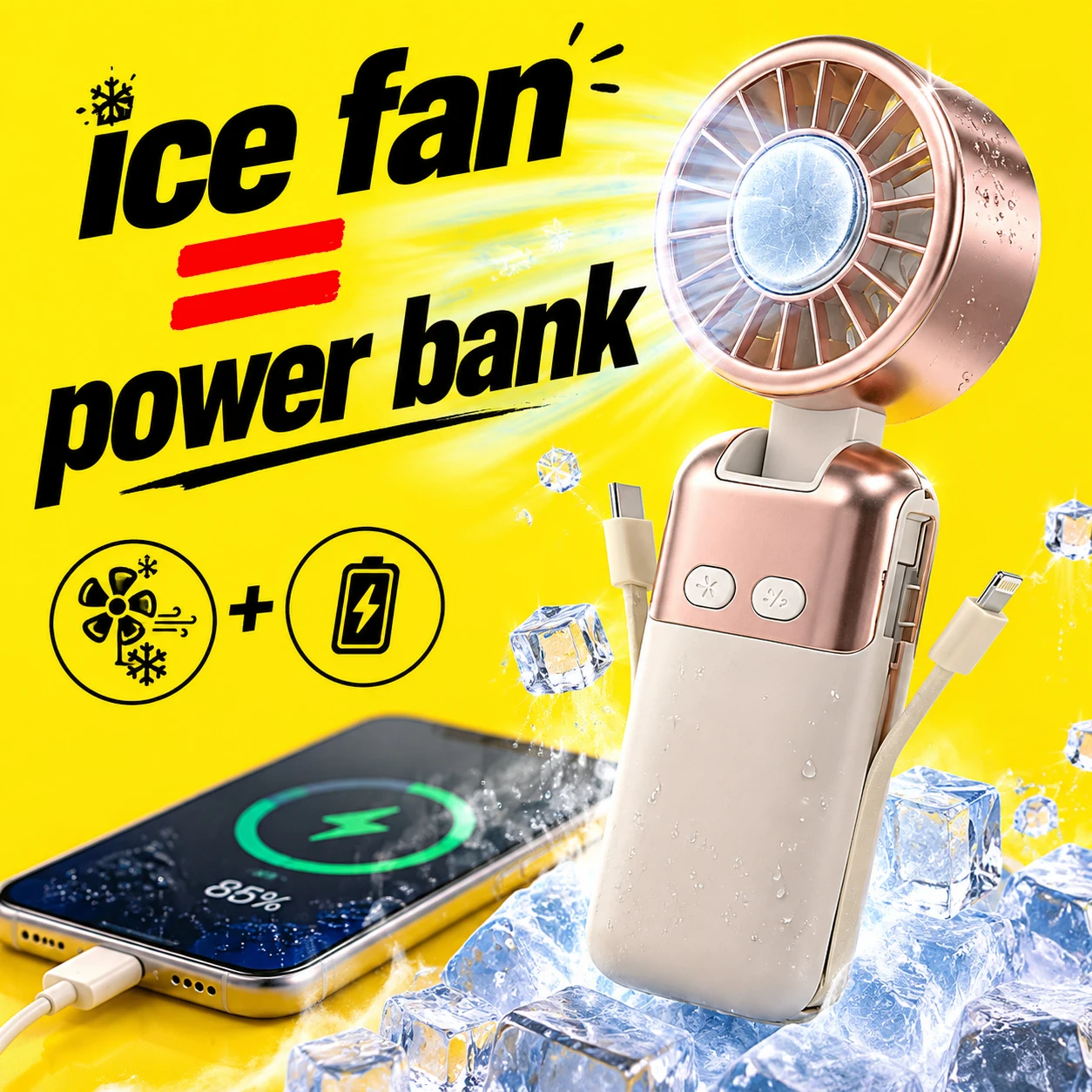 MelyBaoB Portable Handheld Fan 6000mAh USB Rechargeable Ice Cooling & Phone Charging 5 Speeds  Mini Desk Fan with Phone Holder