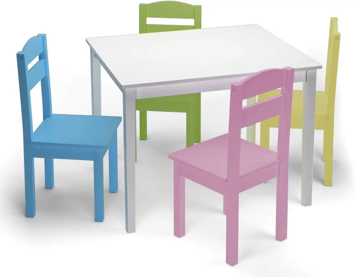 

Kids Wooden 5-Piece Table & Chair Set, Activity Table for Toddlers 2-6 Years, Playroom Furniture, White & Pastel