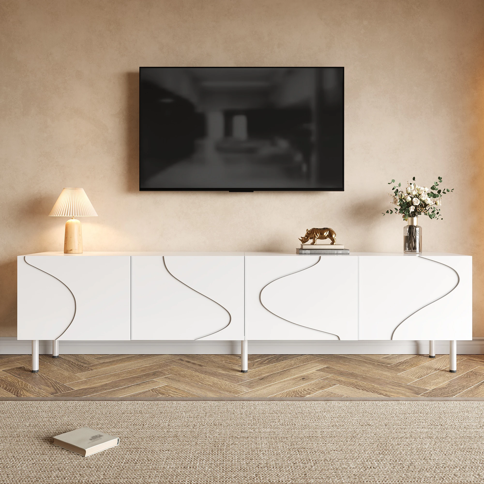 Armoire à 4 portes avec ouverture par pression et câble, stable, pour salon, espace de rangement pratique, MDF blanc