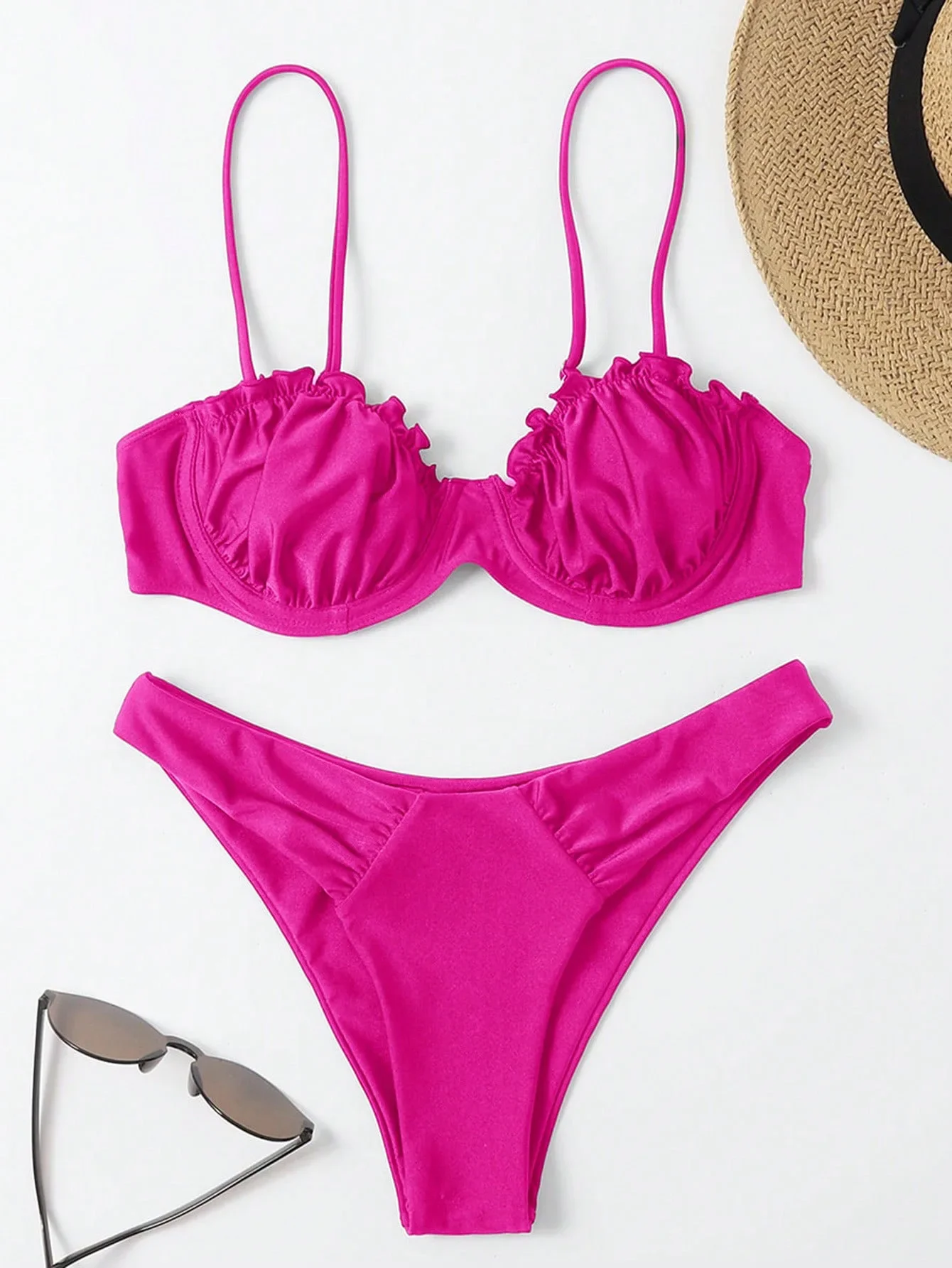 

Sexy Hot Pink Bikini Set 2025 Women Pleate Shell Push Up Underwire Thong Swimsuit Beach Bathing Suit Swimwear Vacation Outfits