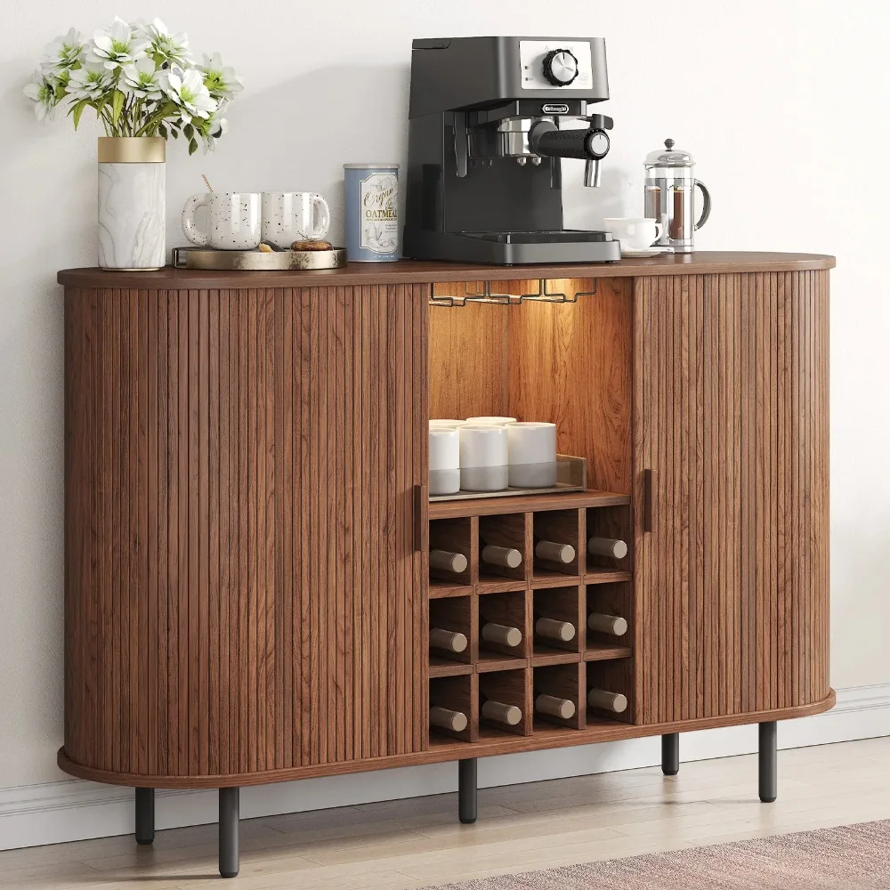 

55" Wine Bar Cabinet with LED Light, Modern Liquor Whiskey Coffee Station with Wine Rack and Glass Holder