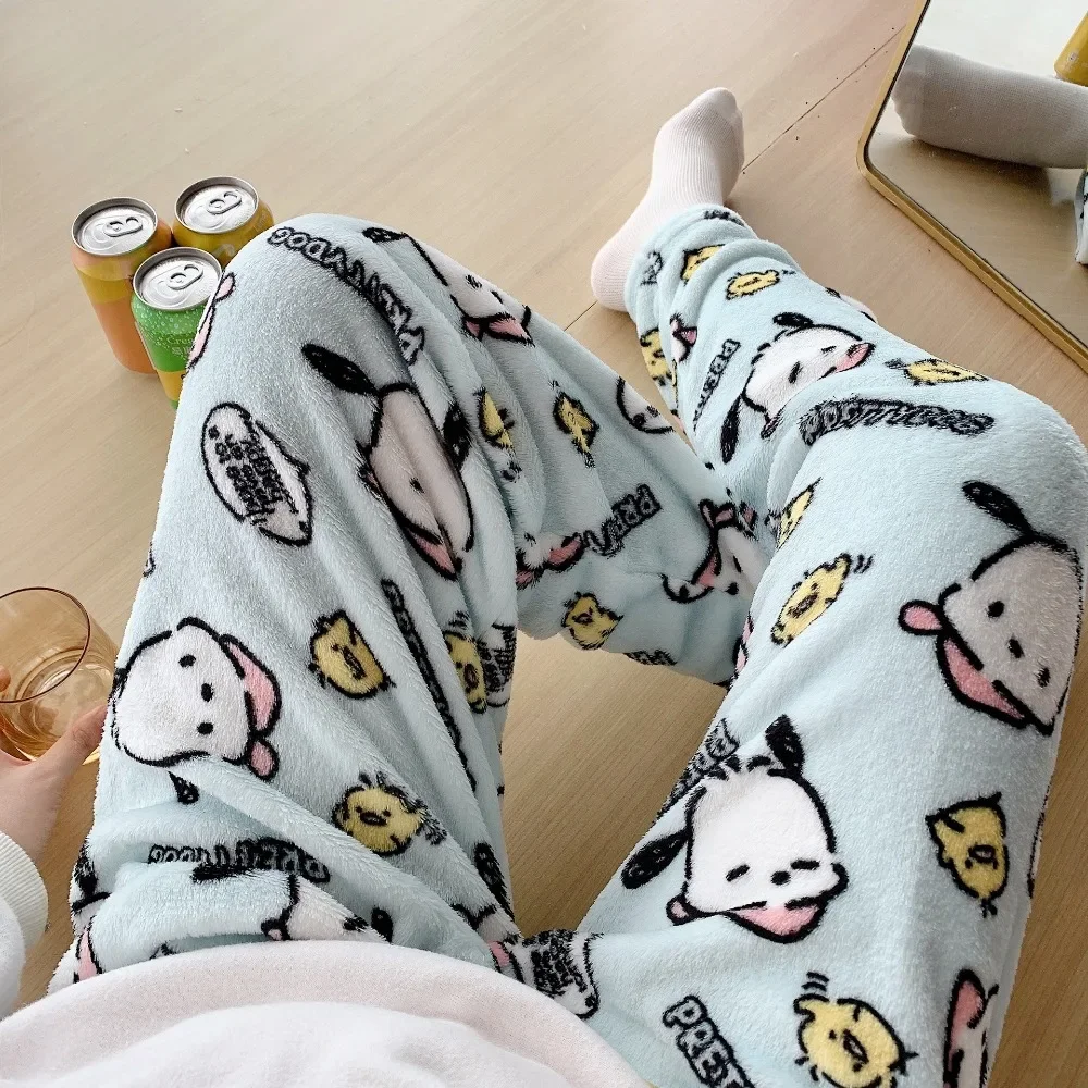 Cartoon Pochacco Anime Warm Flannel Pajamas for Women Autumn Winter New Sanrio Coral Velvet Thickened Casual Home Trousers Pants