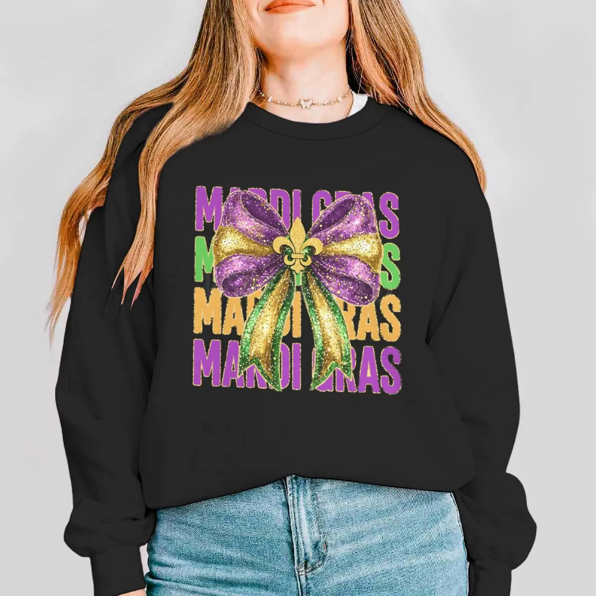 Glitter Coquette Mardi Gras Women's Clothing Carnival Happy Outfit for Girl Happy Mardi Gras Coquette Bow Design Sweatshirts