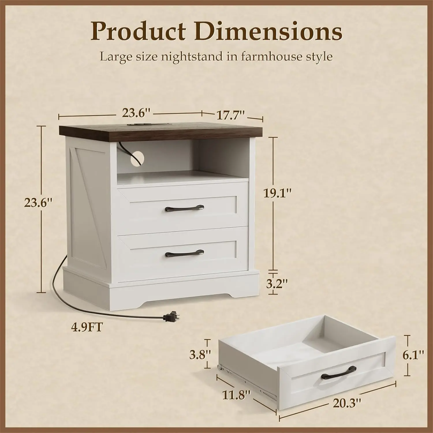 

24 Inch Farmhouse Nightstand with Charging Station, Wood Bedside Table with 2 Drawers and Open Shelf, Rustic End Table with Outl