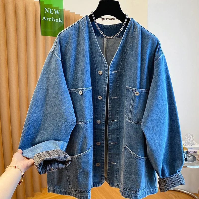 Women's High-end V-neck Jeans Jacket Trendy Denim Jacket Spring Autumn New Loose Casual Denim Top Coats for Women Coat