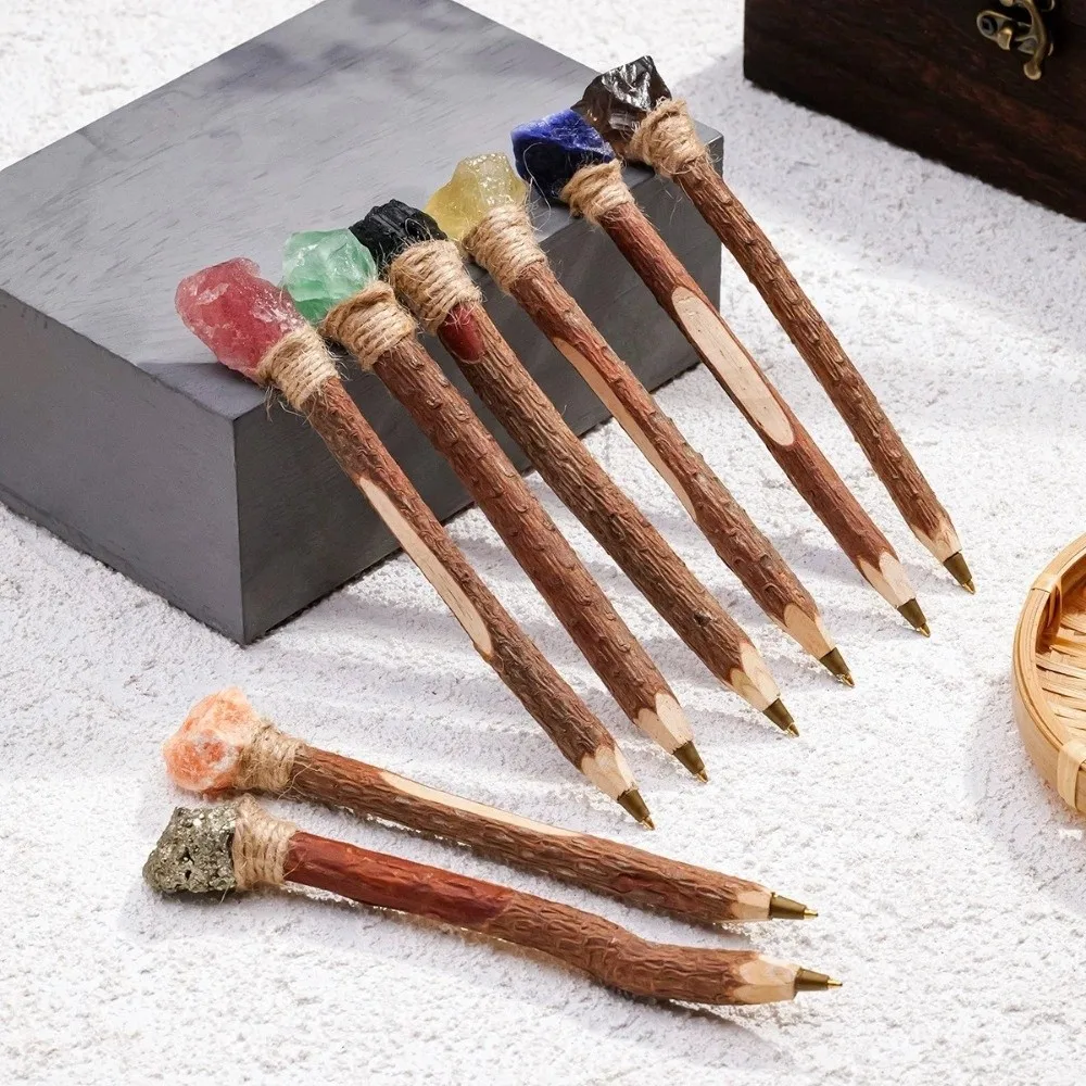 Natural Rough Crystal Ballpoint Pen Wooden Handmade Raw Stone Scepter Pen Log Craft Decorative Signature Pen School Supplies