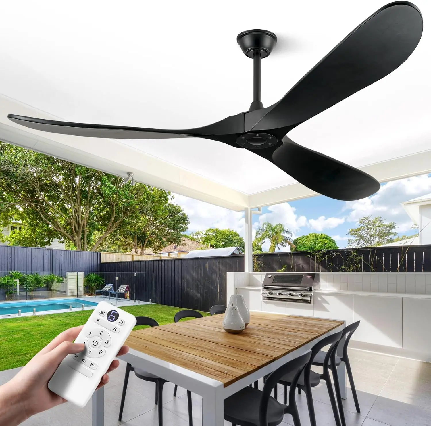 

72-Inch Large Ceiling Fan No Light, 3-Blade Solid Wood Indoor Outdoor Fan with Remote Control, Black Ceiling Fan for Patio, Living Room, Bedroom