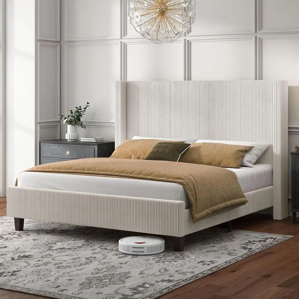 

Кровать King Size с мягким изголовьем-козырьком, 50,8-дюймовые ламели, вельвет, ножки из массива дерева, без пружинного блока, кремовый цвет
