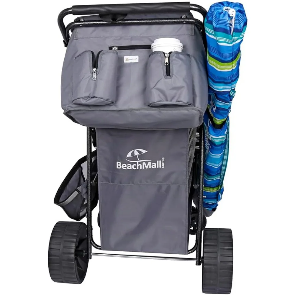 عربة شاطئ بعجلات كبيرة للرمل، عربة ذات عجلات واسعة مع مبرد معزول، لوح الجسم، وحامل المظلة