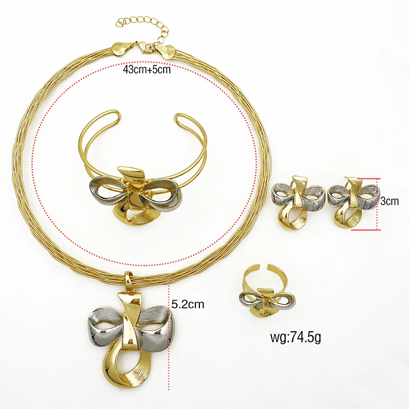 Dubai Gold Color Jewelry Sets Elegant Bow Shape Pendant Earrings Necklaces Set For Women Charm Bracelet Bride Wedding Party Gift