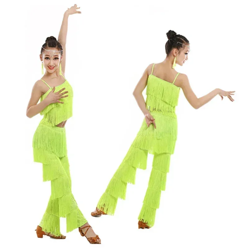 Gaun Dansa Latin CyTassel untuk Anak Perempuan Gaun Rok Ballroom Anak-anak Salsa Latin Samba Tango Cha Cha Kostum Pinggiran Beludru Anak-anak