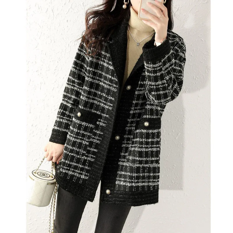 Women Wool Coat Plaid Print Thick Midi Blends Button Turn Down Collar Casual Jackets Pocket Elegant Lady Autumn Winter