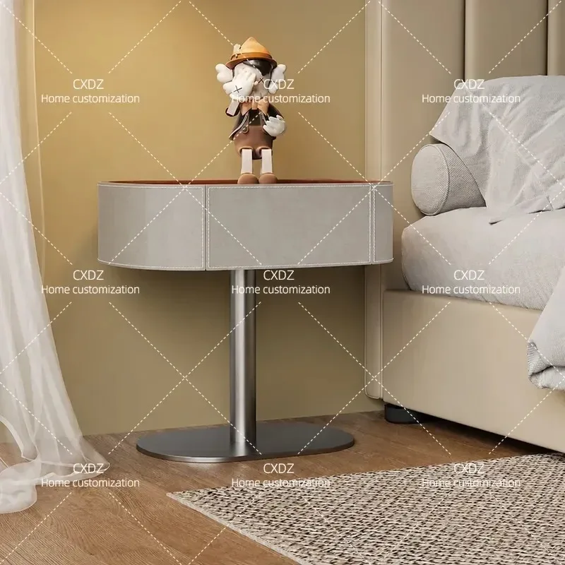 Italian Minimalist Bedside Table Saddle Leather Stainless Steel Light Luxury Premium Nightstand for Master Bedroom Modern