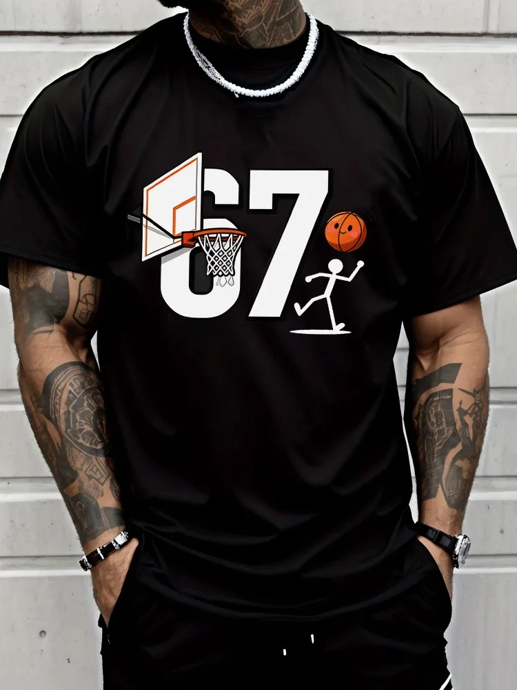 Mens Trendy Summer Crew Neck Tee Cute 67 Basketball Backboard Smiling Ball Running Man Graphic Soft Breathable Loose Fit Top
