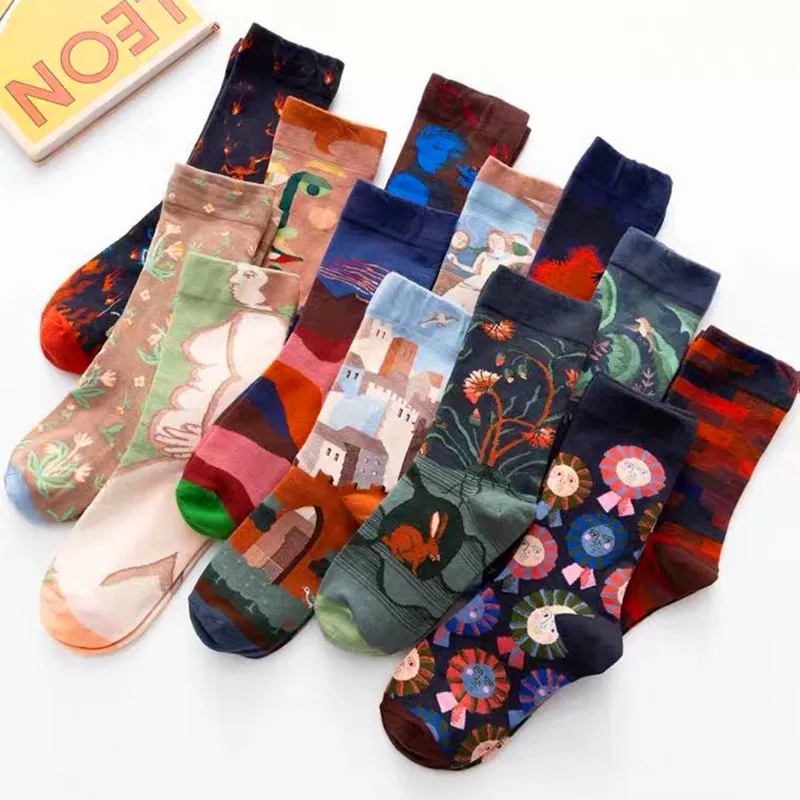 1 Pair Happy Socks Unisex Women Oil Painting Van Gogh Combed Cotton Funny Fantasy  Casual Novelty Party Gifts Socks Wholesale