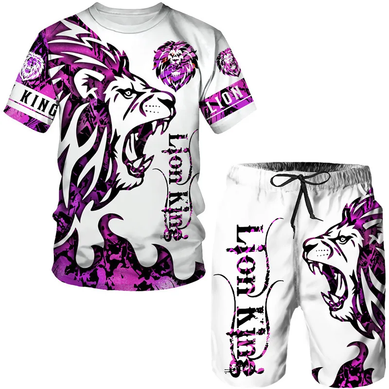 The Tiger 3D Print T Shirt Outfit Summer Men Short Sleeve T Shirts Suits 2 Piece Fashion Streetwear Sports Oversized Beach Set