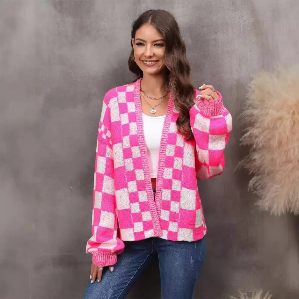 

Winter Plaid Cardigan for Women Large Size Knitwear Splicing Outwear Fashion European American Style Export New