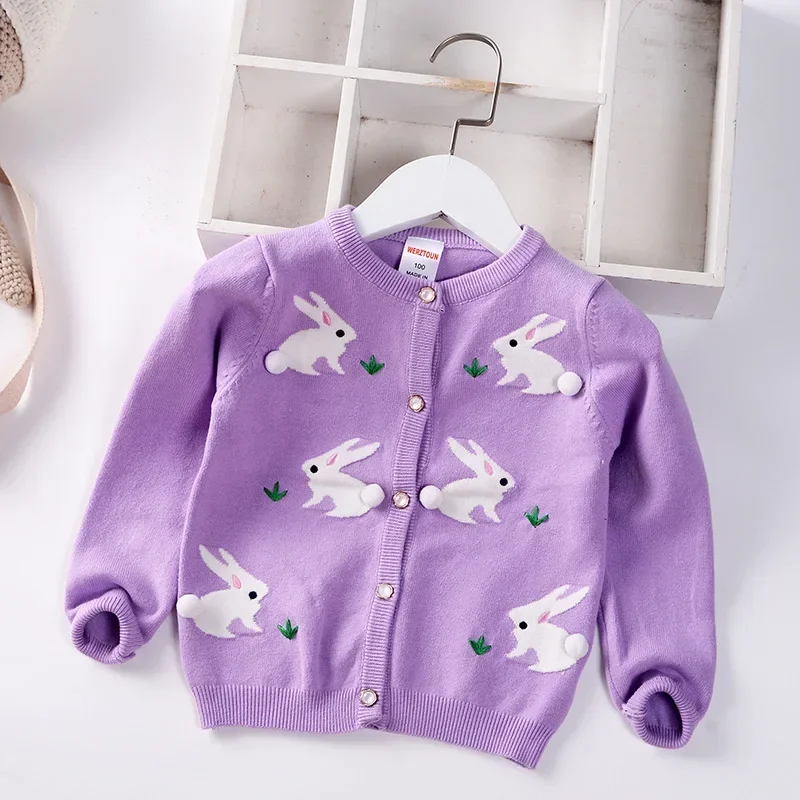 Girls Cardigan Sweater Autumn 2024 O-Neck Infants Children Cotton Knitwear Cartoon Rabbit Baby Kids Coat Toddler Clothes 2-7y