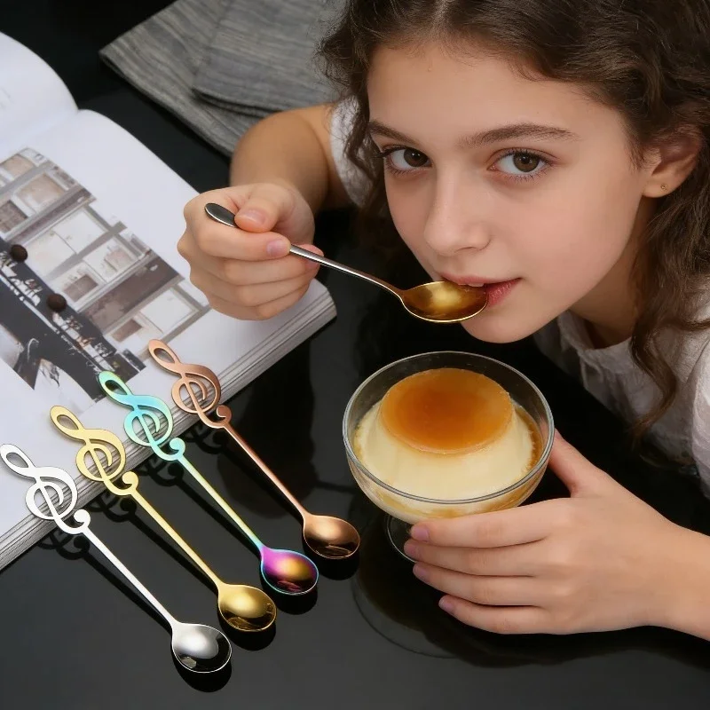 Hot Sell 3PC Stainless Steel Long Handle Music Bar Spoon Gold Plated Creative Coffee Stirrer Dessert Spoon For Home Kitchen Bar
