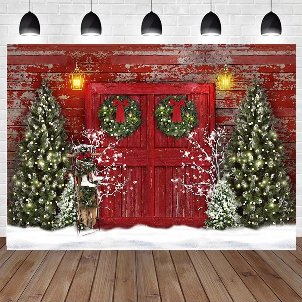 Mocsicka Winter Christmas Backdrops for Photography Red Wooden Door Pine Tree Snowfield Photo Background Girl Portrait Photocall