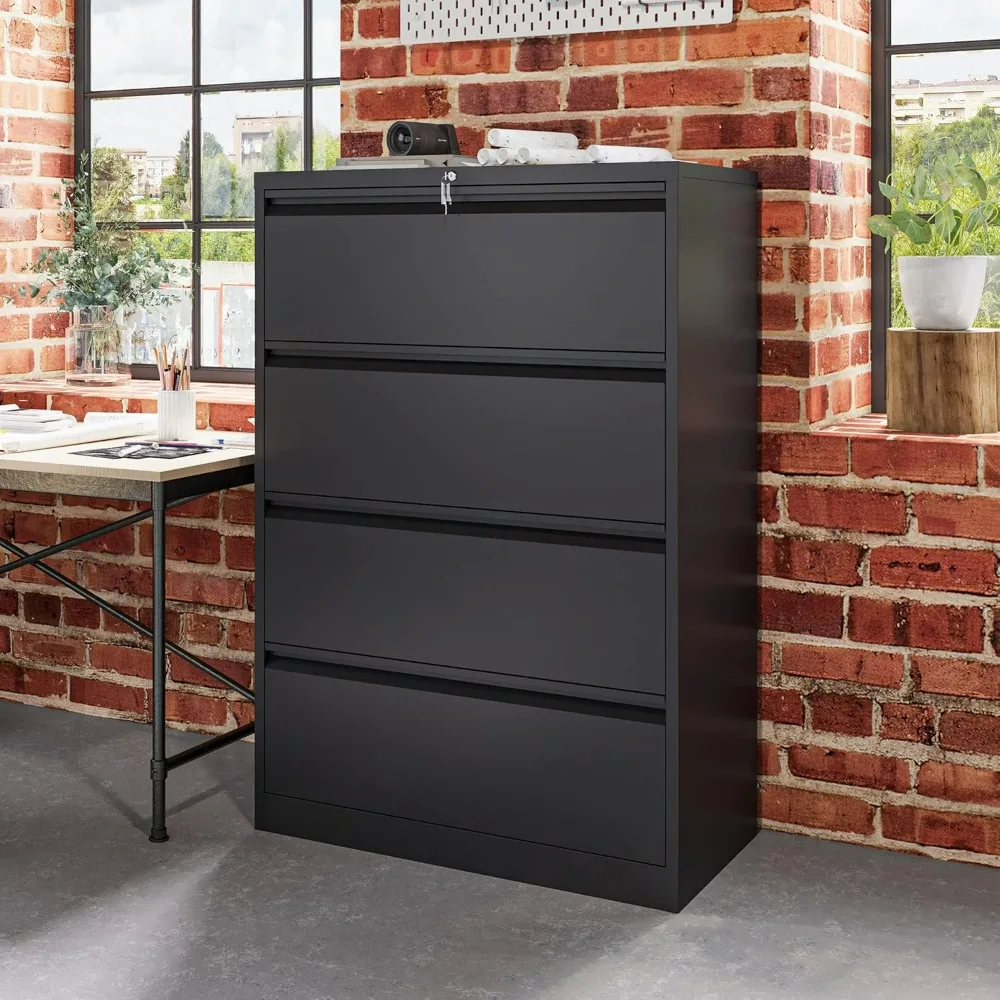 

4-drawer metal stainless steel wide horizontal filing cabinet with lock, needs to be assembled, living room cabinet (black)