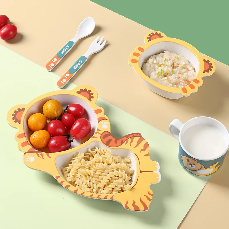 Cartoon Bamboo Fiber Baby Feeding Plate Children Tableware Tray Dish Bowl Fork Spoon Cup Food Training Dinnerware Set Kids Gift