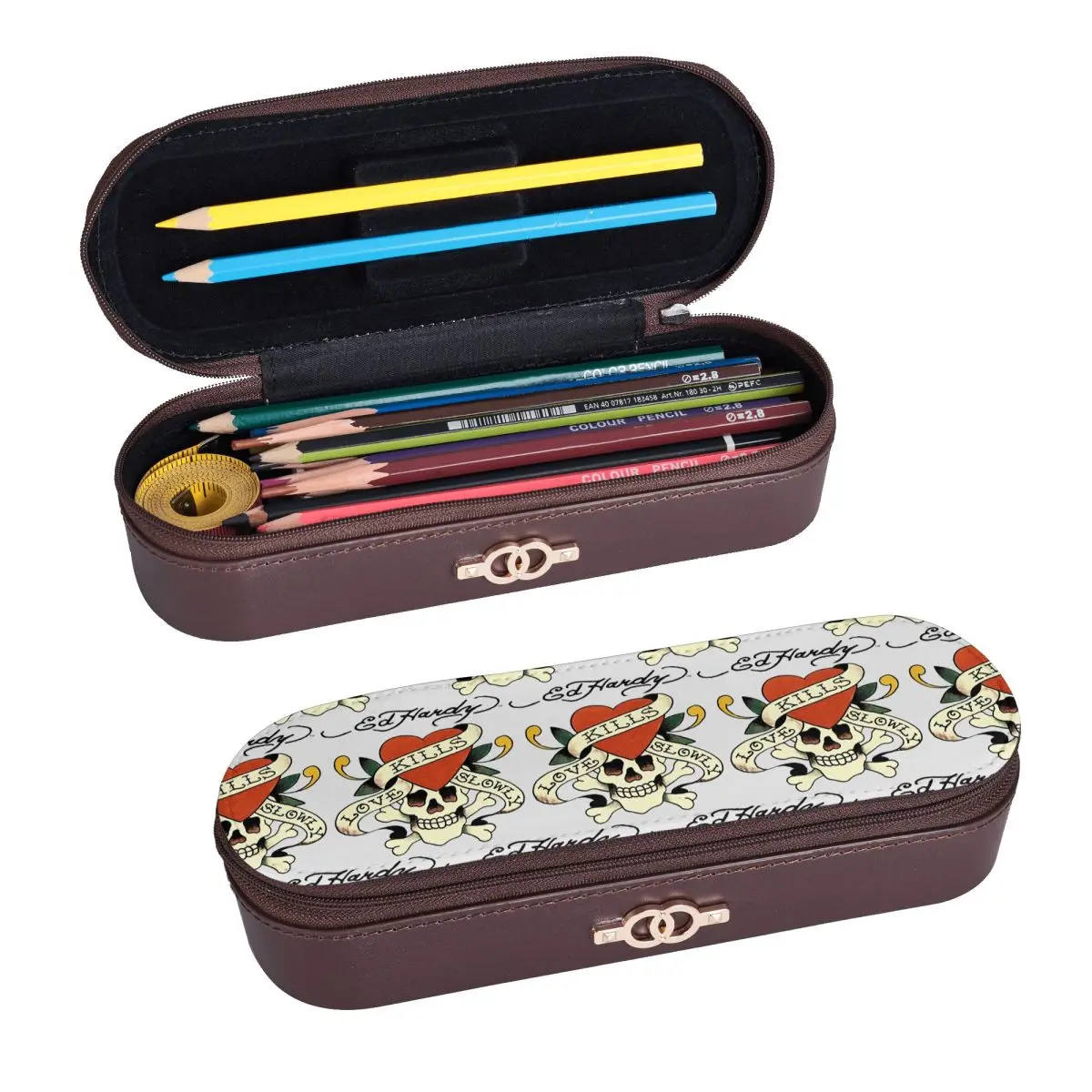 Ed Hardy Love Kills Slowly Leather Pencil Cases Pen Holder Storage Stationery Supplies Pen Box Pencil Bag for Studen Gifts