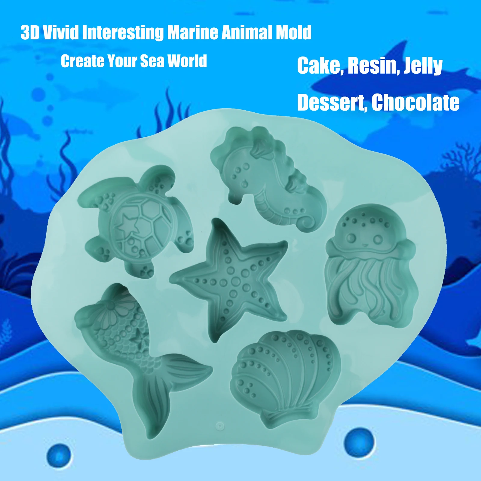 1Pcs Silicone Baking Mold Pink/Blue 3D Sea Horse Turtle Starfish Fish Shell Mermaid Tail Animal Cake Mold for Chocolate Cake