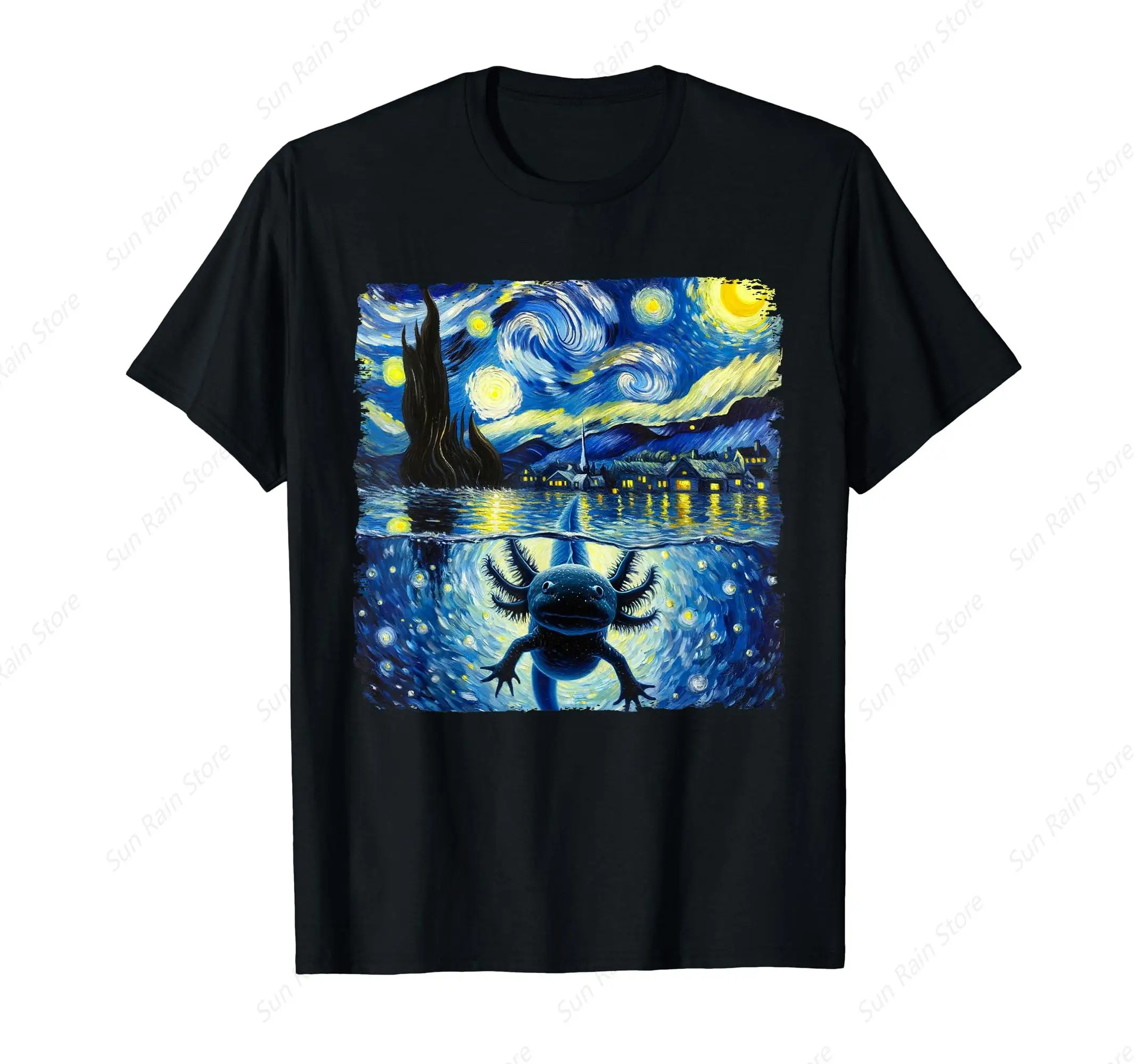 Axolotls Starry Night Outfit Van Gogh Axolotl Animal Cotton T-shirt Unisex Funny T Shirts Men Round Neck Short Sleeve