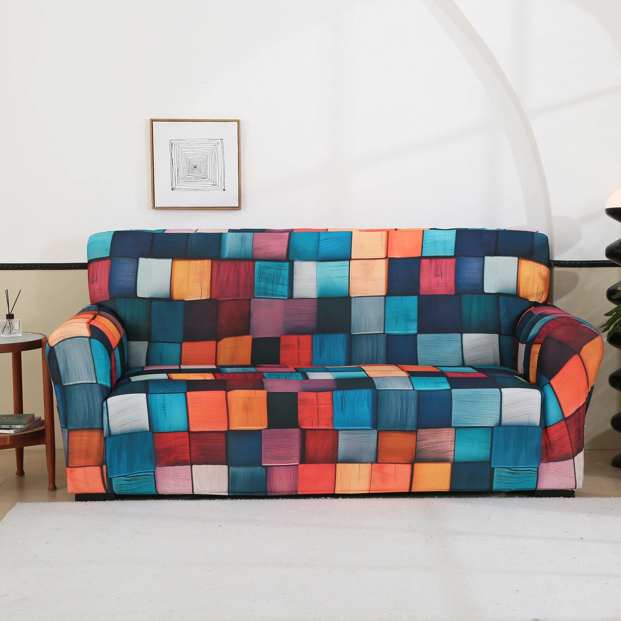 Mehrfarbiger quadratischer Stretch-Sofabezug, Heimdekoration, schützender Schonbezug, bunter Patchwork-elastischer Sofa-Schonbezug, Komfort