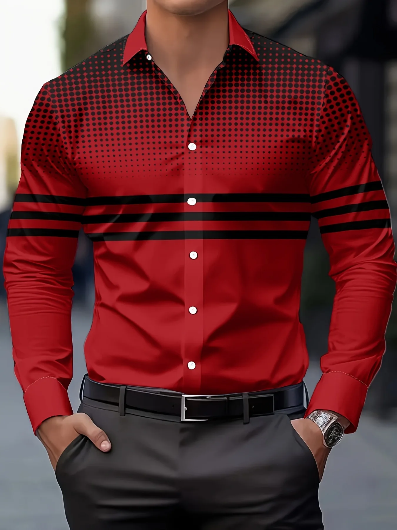 Trendy autumn and winter 3D printed men's simple and versatile striped design style men's slim fit casual lapel buckle comfortab