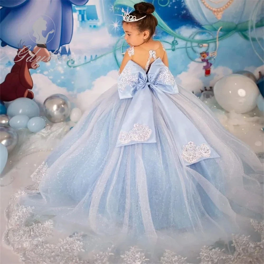 

Ball Gown Flower Girl Dresses For Wedding Appliqued Tulle Pageant Dress Toddler Full Sleeves First Comunion Gowns With Bow