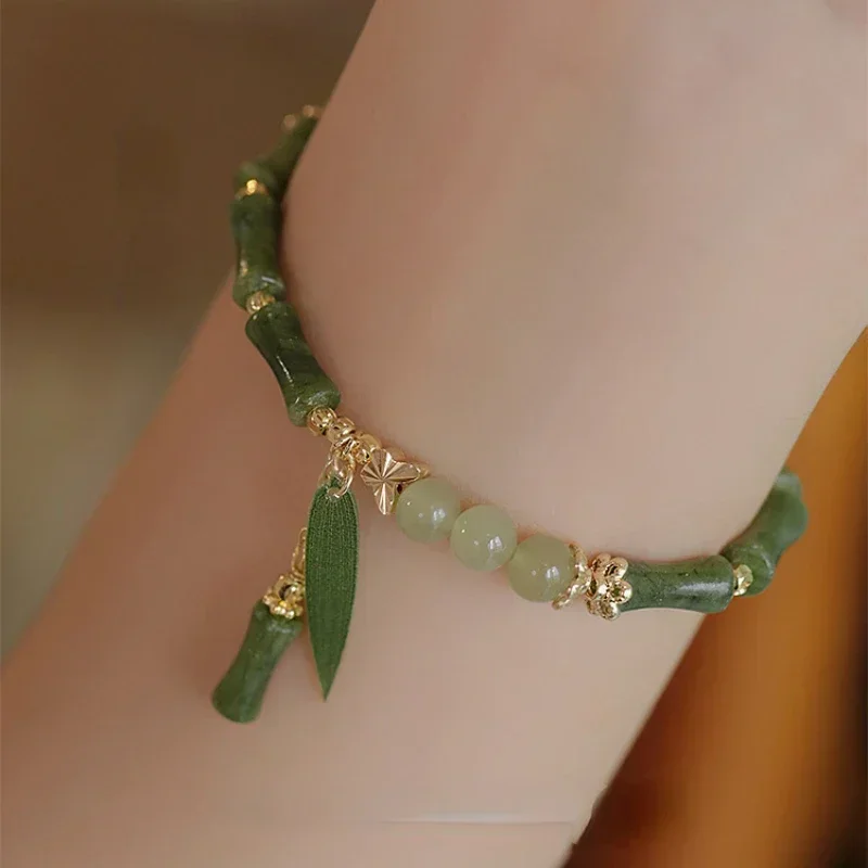 

Chinese Style Olivine Bamboo Shape with Hotan Jade Antique Lady Bracelet Exquisite Jewelry