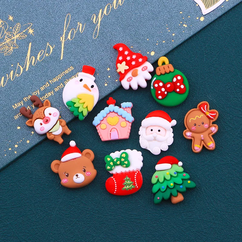 10pcs Cute And Christmas Snowman, Elk Mobile Phone Shell Cream Gel DIY Hair Ornaments Hair Clips Handmade Materials Accessories