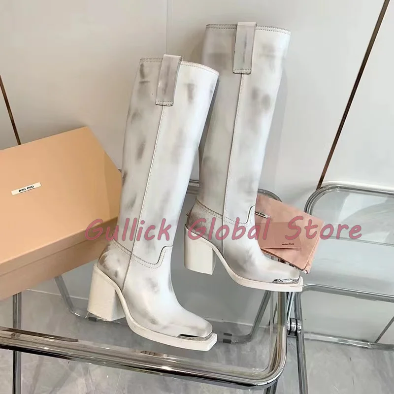 2024 New Handmade Square Toe Chunky Knee High Boots Metal Decoration Spring Autumn Comfortable Grace Casual Fashionable Design