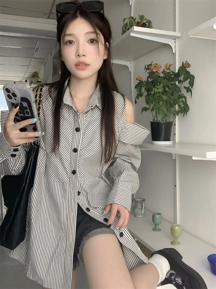 

Zoki Sexy Off Shoulder Striped Shirt Women Long Sleeve Elegant Hollow Out Blouse Fall Fashion Sweet Female Korean Chic Tops New