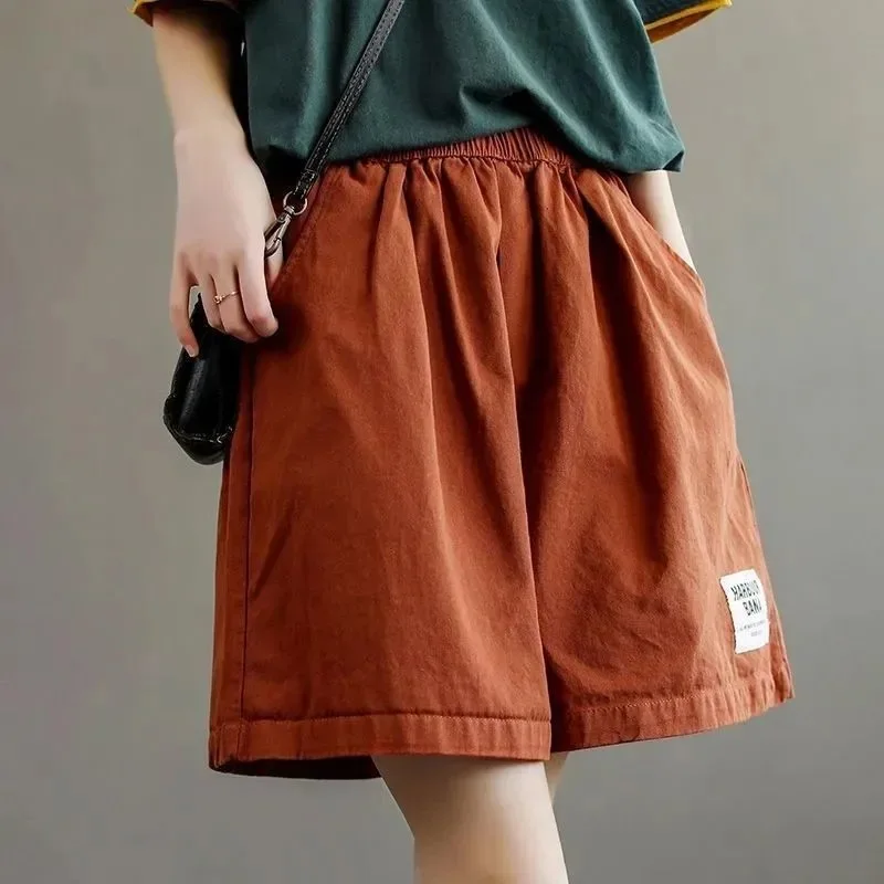 Women\'s 2024 Summer New Combination Elasticized Pocket Fashion Solid Minimalist Comfortable Loose Versatile Casual Cotton Shorts